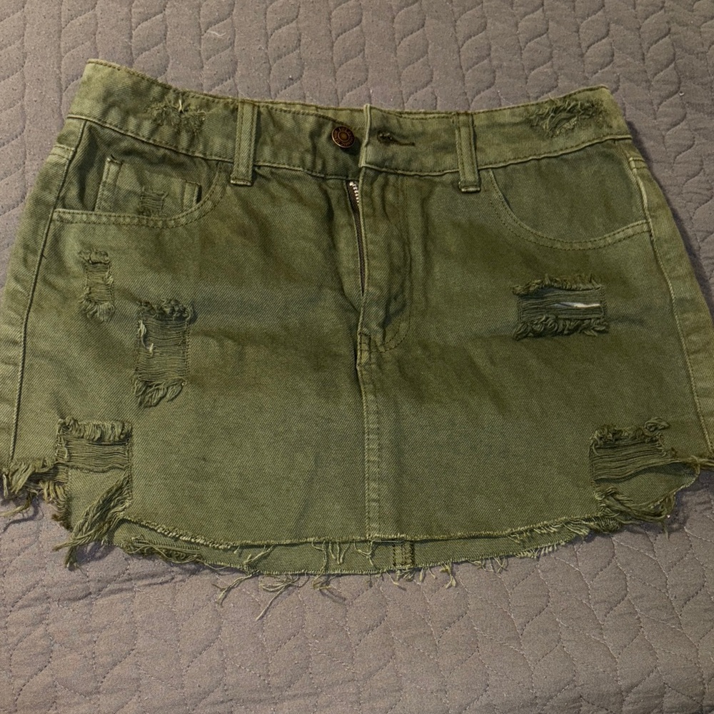 Olive Distressed Denim Skirt